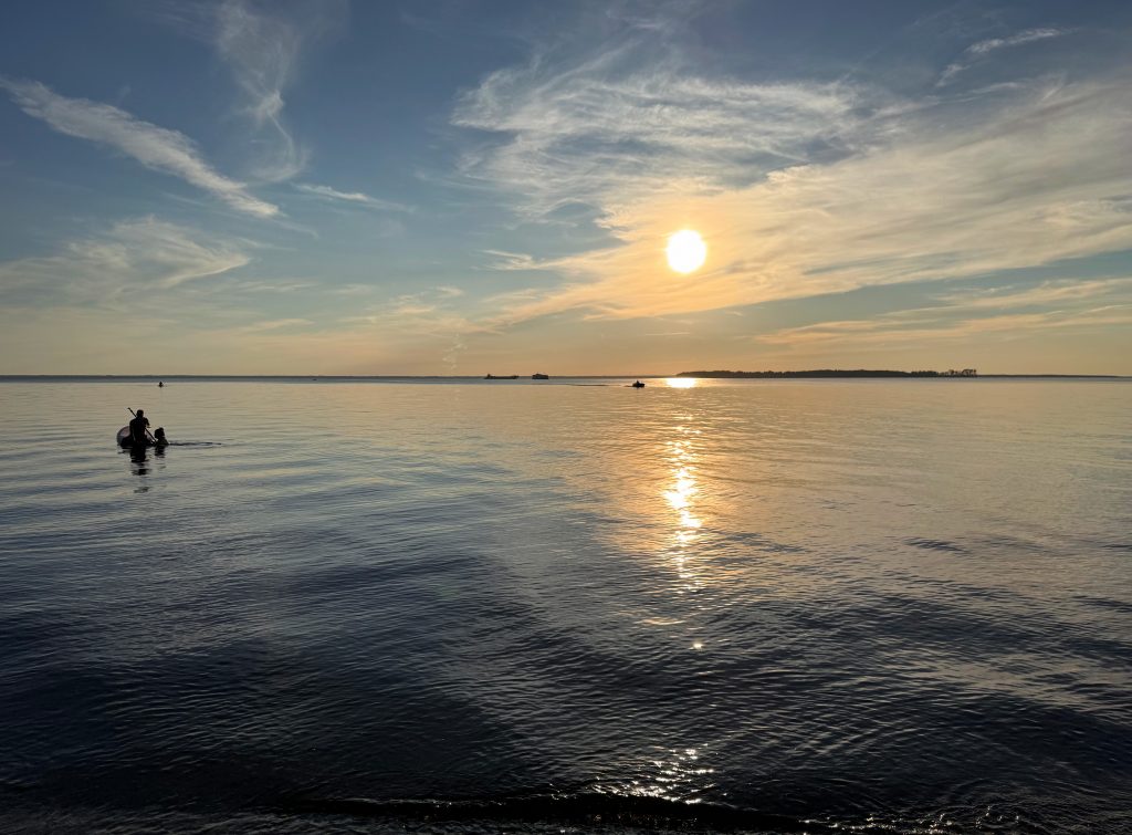 Вроде бы уехали достаточно далеко от цивилизации, а на Рыбинском водохранилище людно - рыбаки, сапбордисти и другие водные туристы. Небольшой пляж, песчаное дно, тёплая вода - искупались на закате - великолепно!