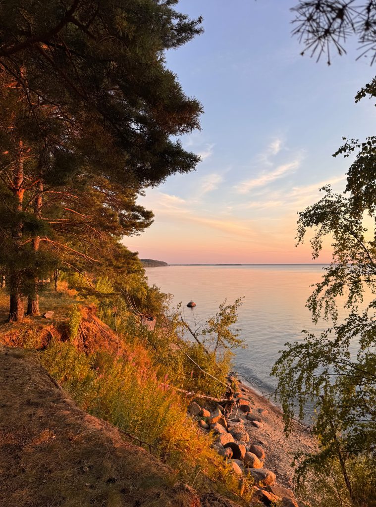 Вид на Рыбинское водохранилище на закате с обрыва над берегом