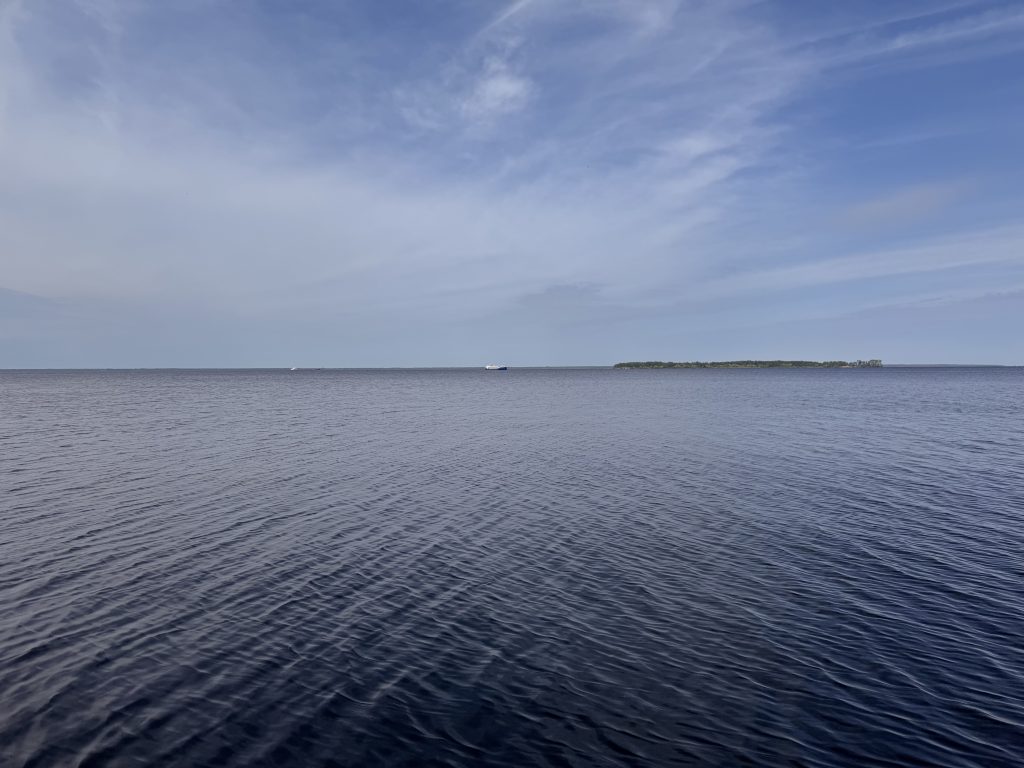 Утром вода в Рыбинском водохранилище была холодная, так что водным процедурам скажем нет, а наблюдению за проплывающими корабликами - да